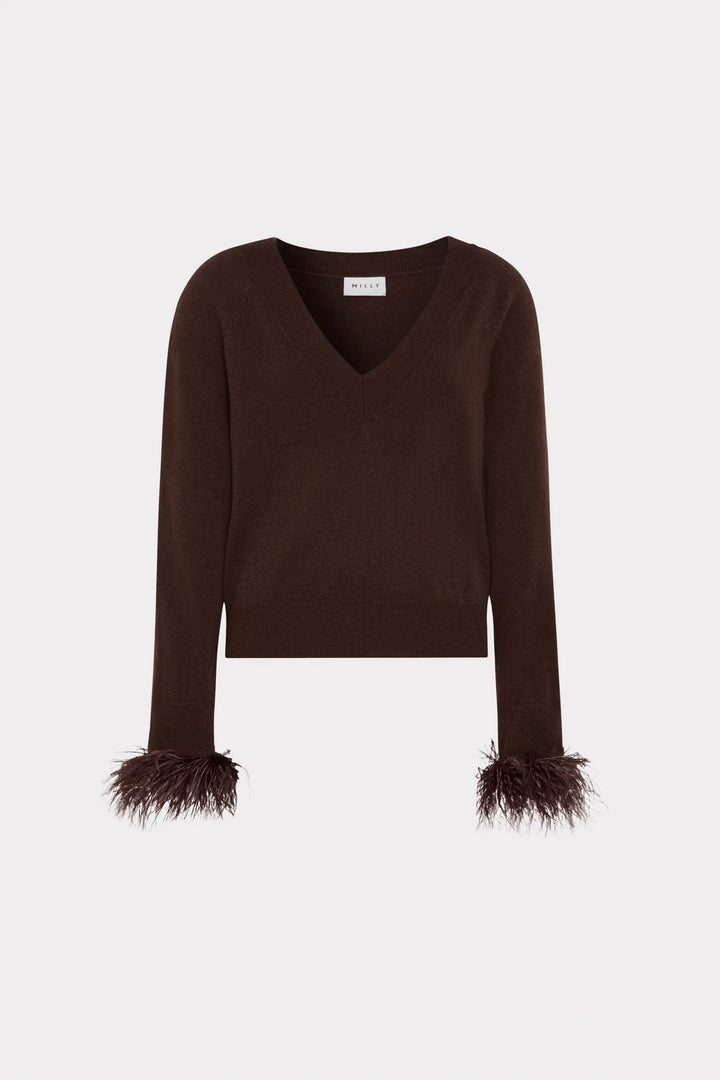 Milly Feather Cuff V-Neck Sweater