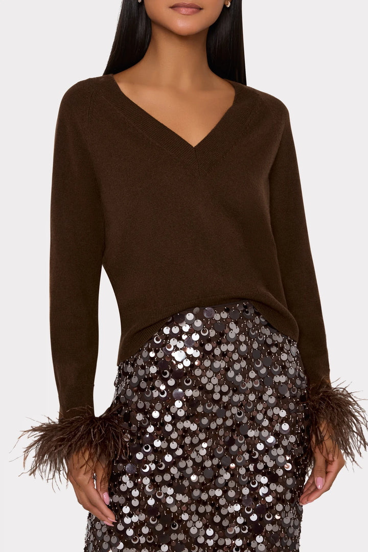 Milly Feather Cuff V-Neck Sweater