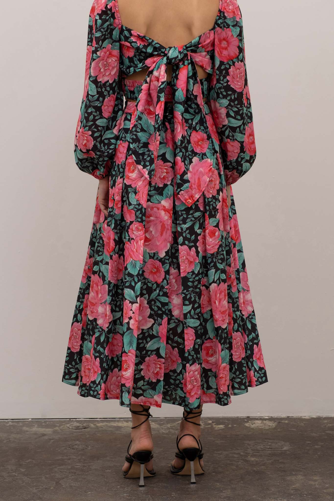 Floral Print Pleated Midi Skirt - Black