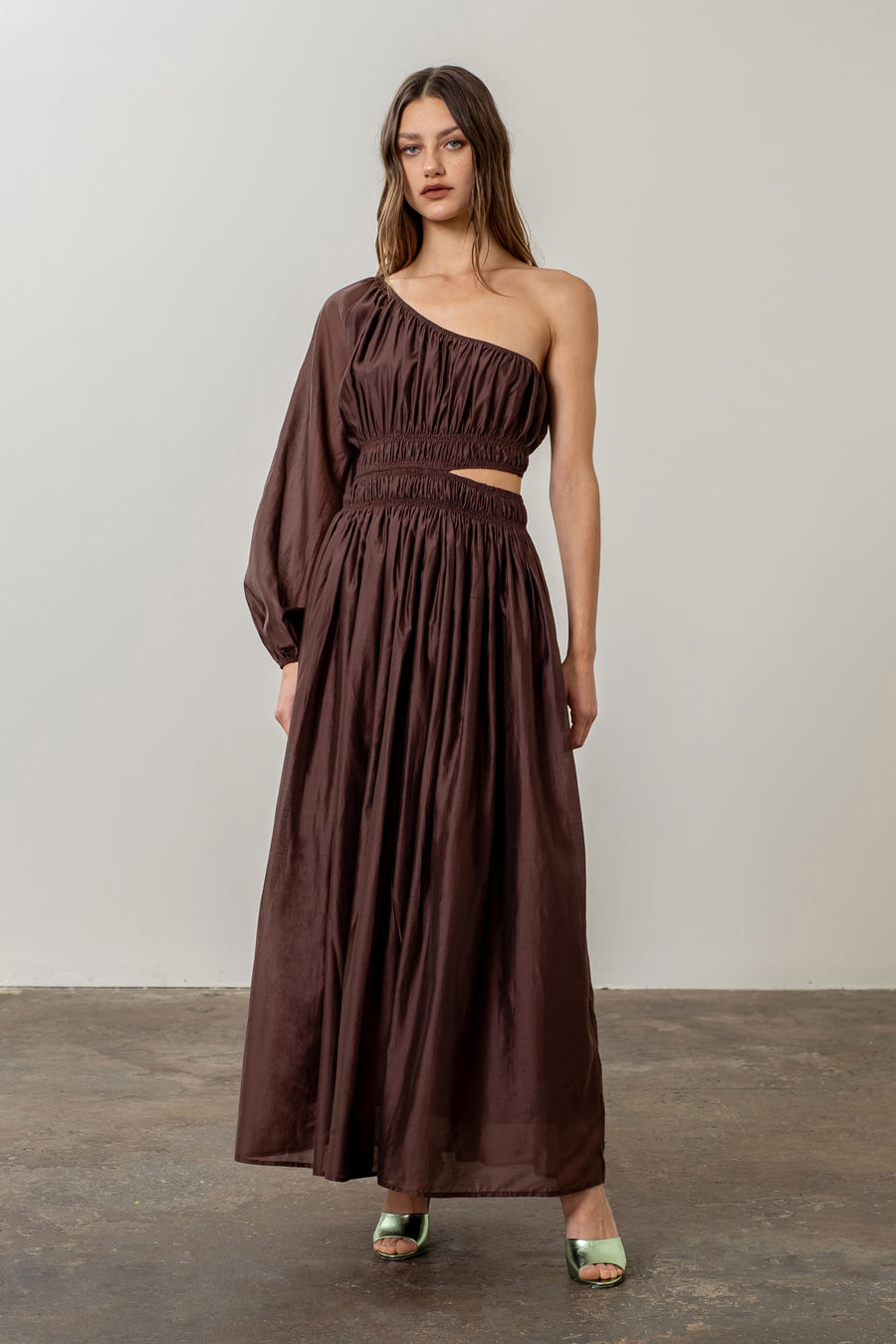 One Shoulder Cut-Out Midi Dress - Chocolate