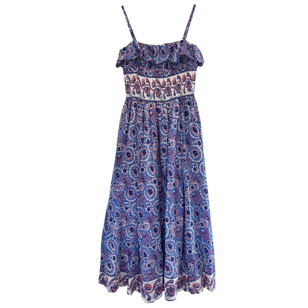 alicia bell midi dress Bell by Alicia Bell Millie Hand Block Purple Gold Blue Silk Cotton Midi Dress XS