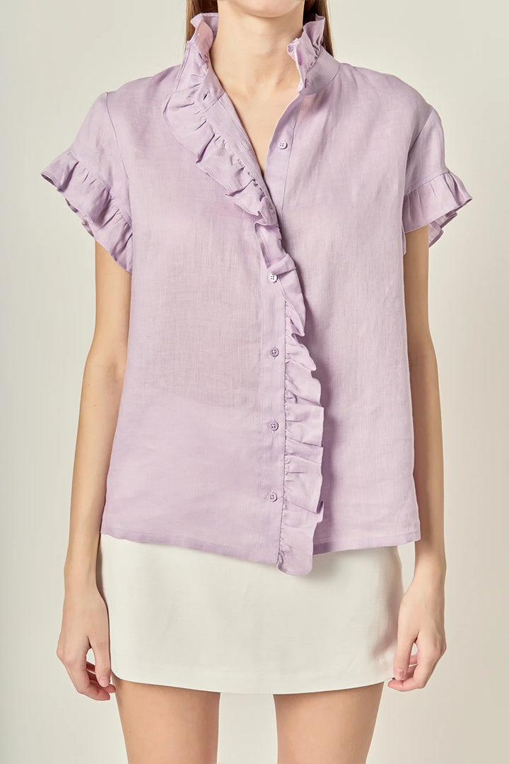 English Factory Linen Ruffle Shirt - Capri by Sunset & Co.