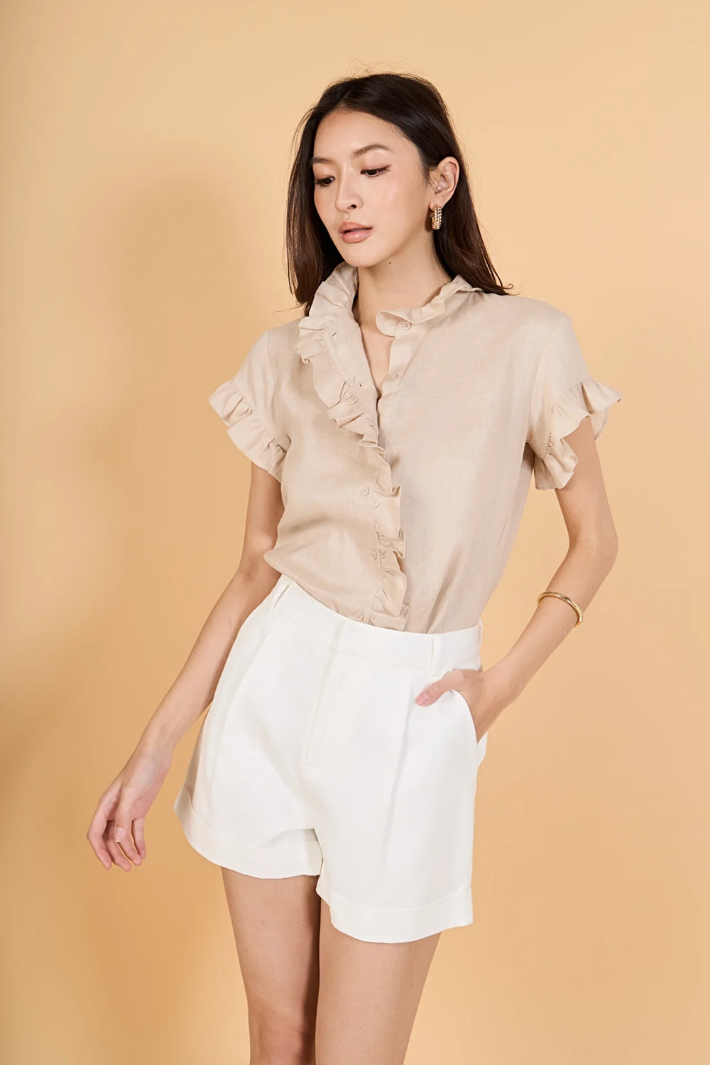 English Factory Linen Ruffle Shirt - Capri by Sunset & Co.