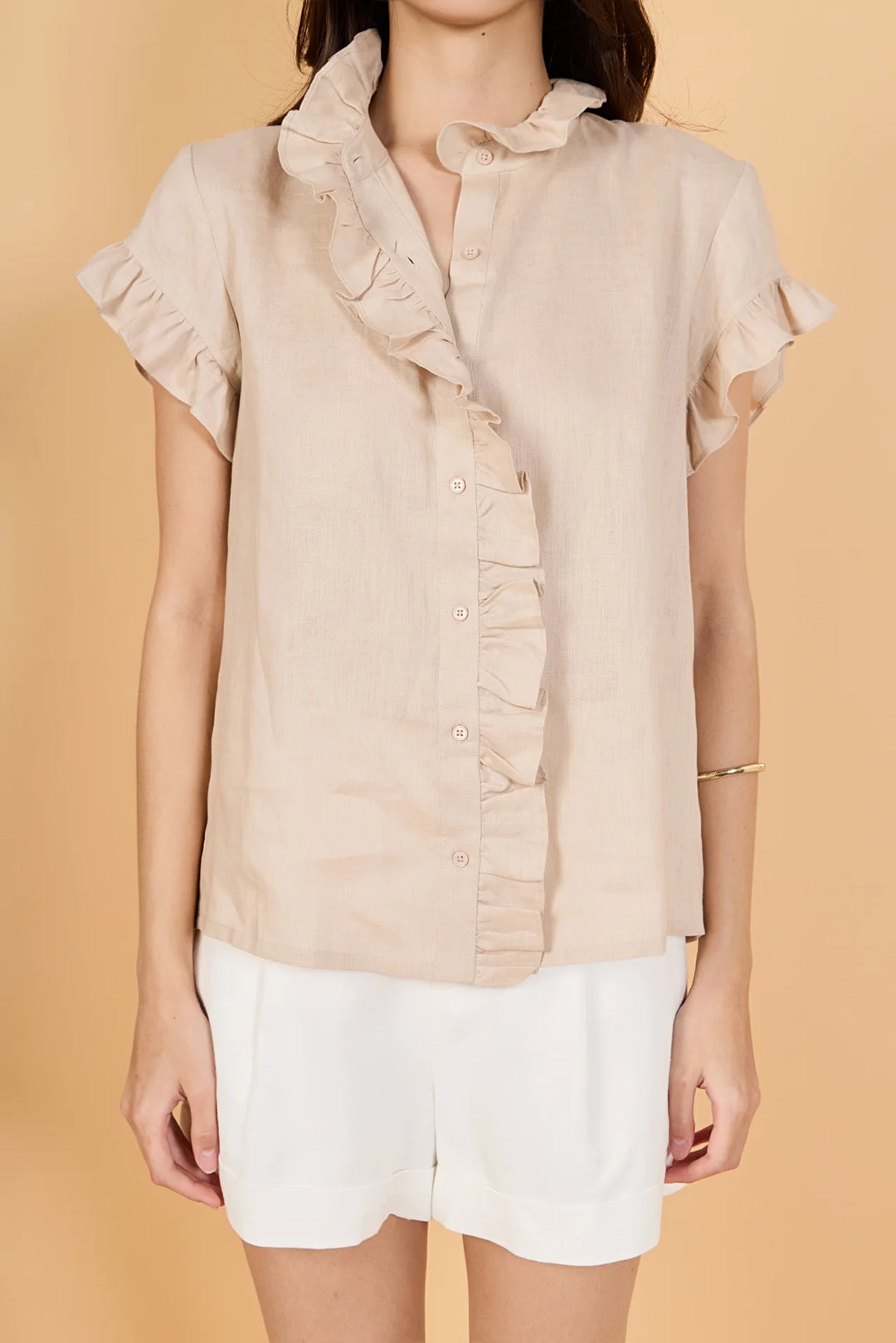 English Factory Linen Ruffle Shirt - Capri by Sunset & Co.