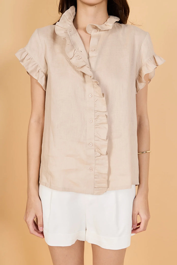 English Factory Linen Ruffle Shirt - Capri by Sunset & Co.