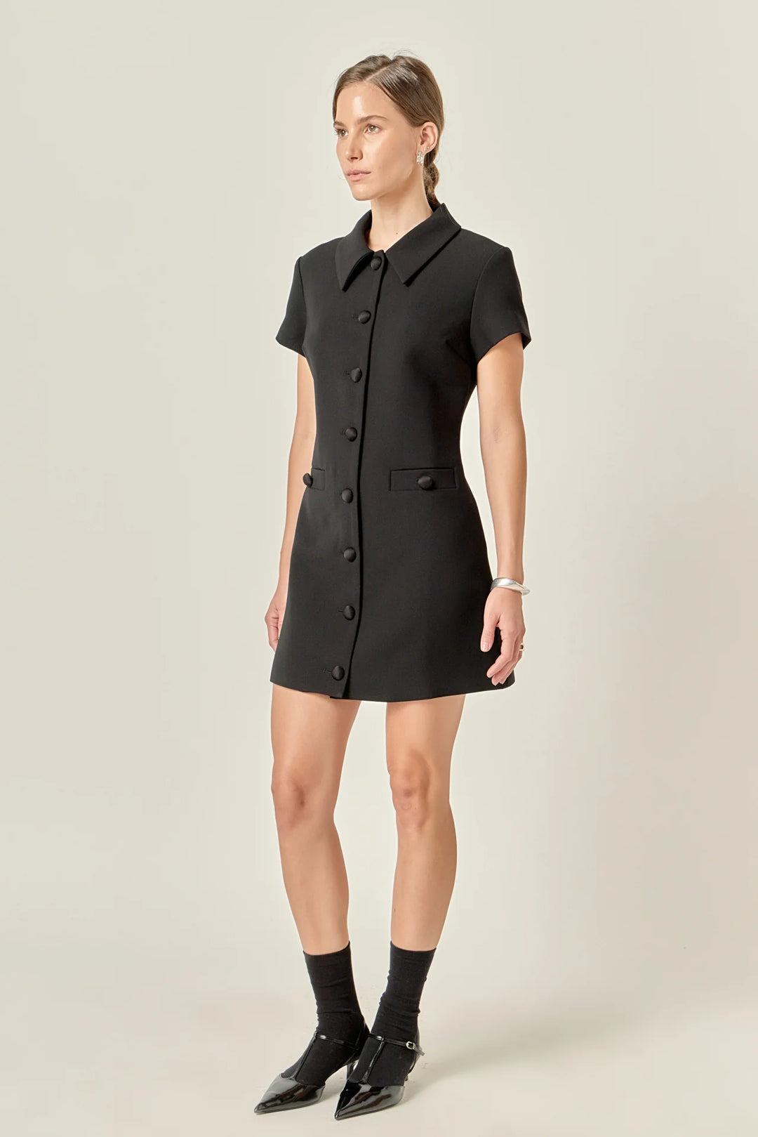 English Factory Velvet Button Collar Mini Dress
