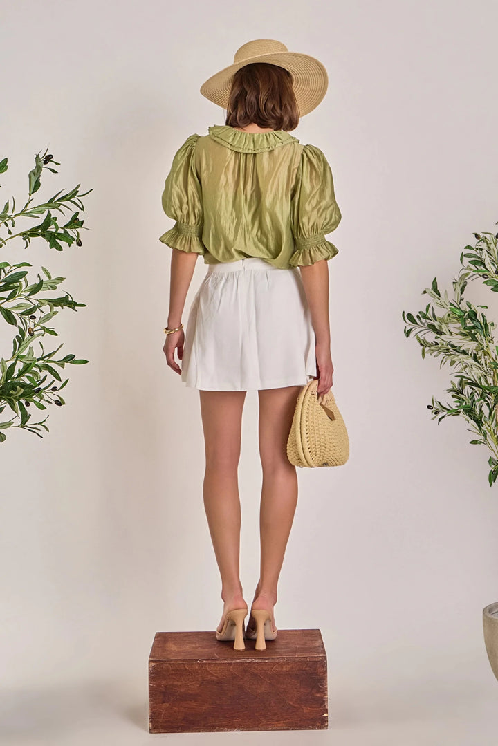 English Factory Ruffled Short Sleeve Blouse - Capri by Sunset & Co.