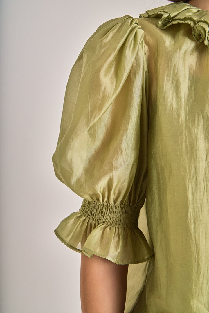 English Factory Ruffled Short Sleeve Blouse - Capri by Sunset & Co.