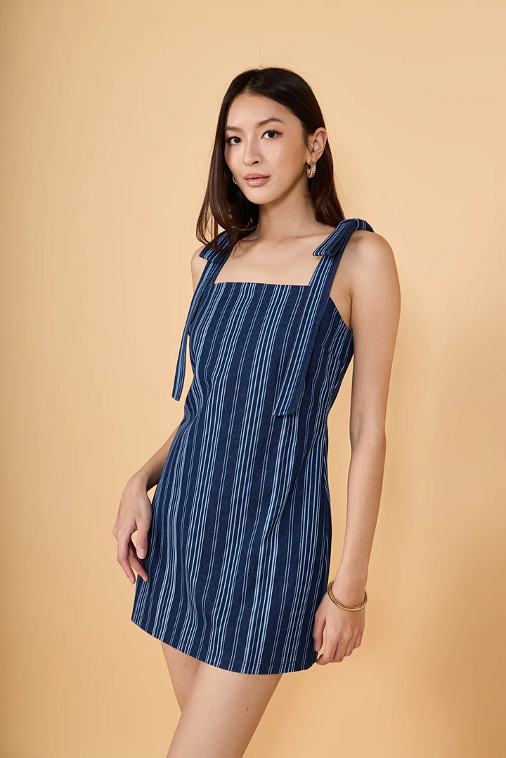 English Factory Denim Stripe Bow Shoulder Mini Dress - Capri by Sunset & Co.