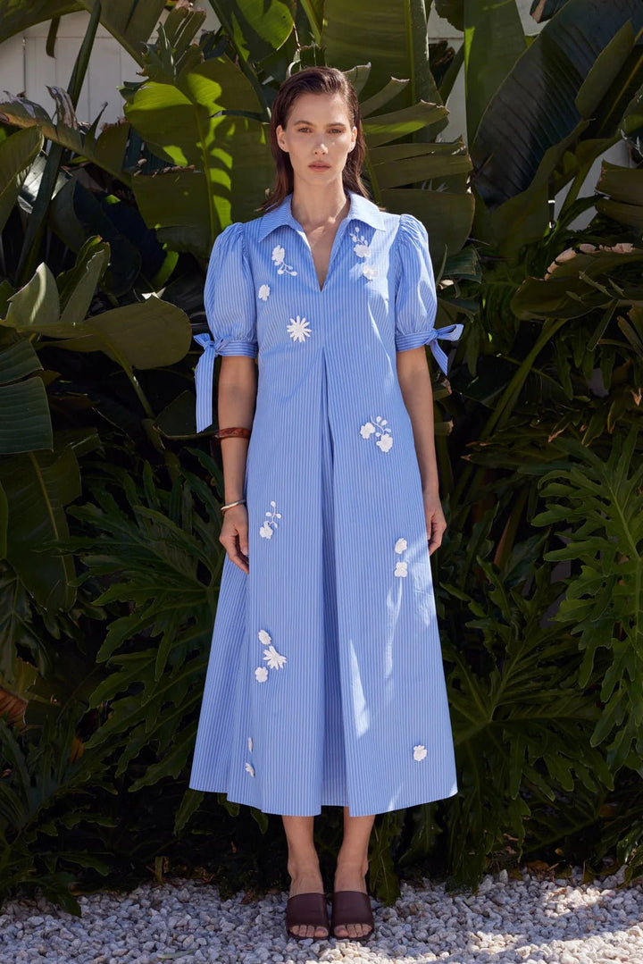 English Factory Floral Appliqué Stripe Midi Dress - Capri by Sunset & Co.
