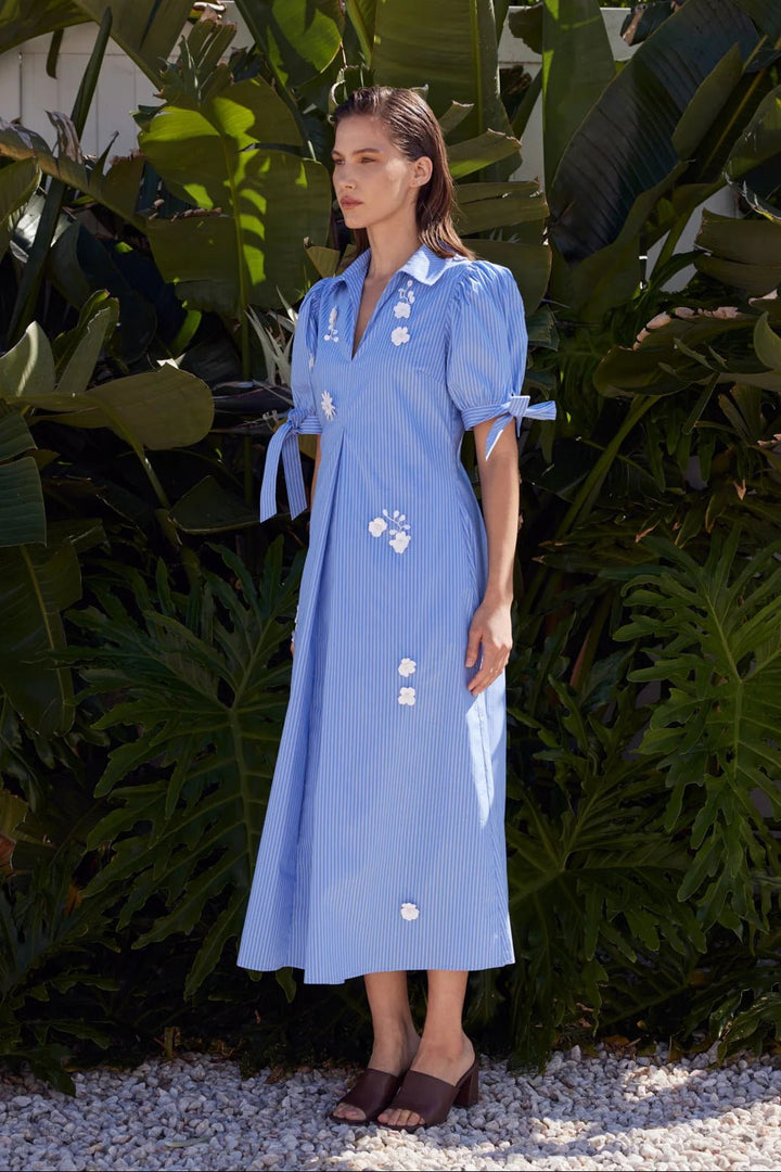English Factory Floral Appliqué Stripe Midi Dress - Capri by Sunset & Co.