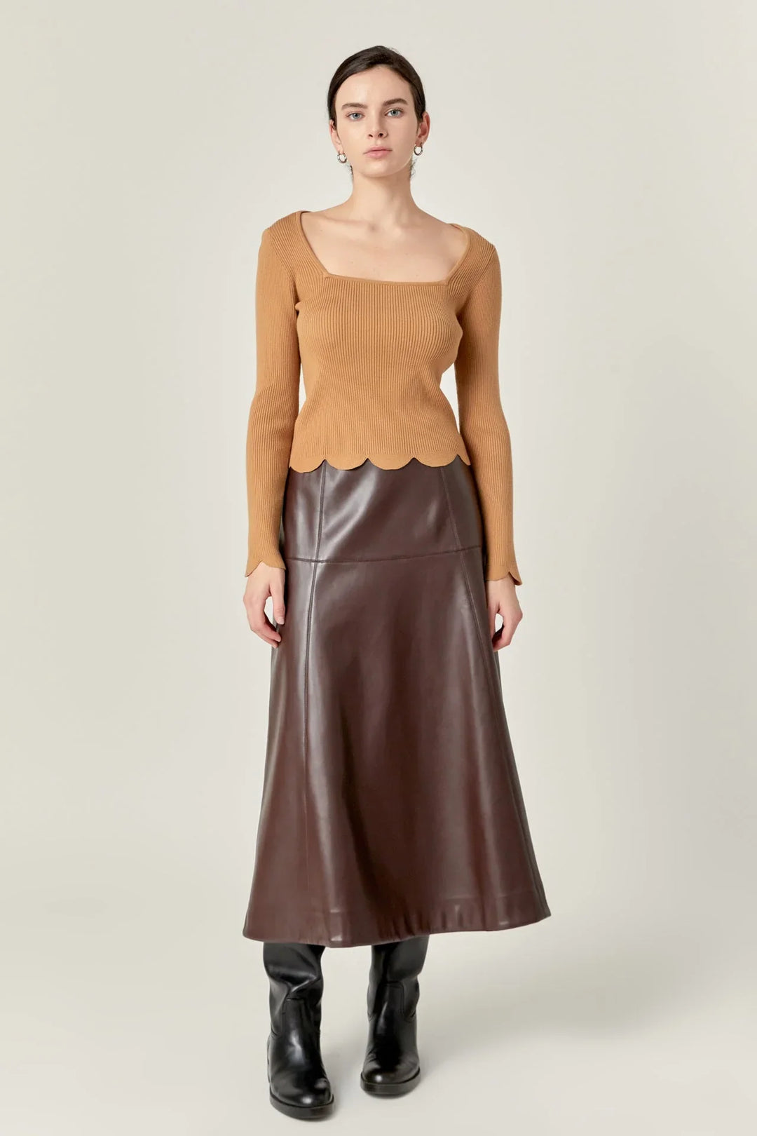 English Factory PU High Waisted Midi Skirt - Capri by Sunset & Co.