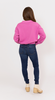 Solid Vneck Collar Sweater - Hot Pink