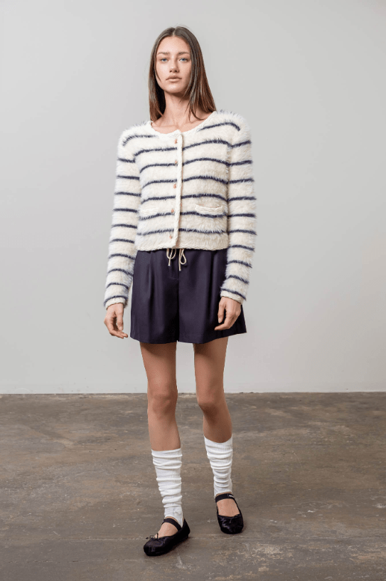 Moon River Hairy Round Neck Long Sleeve Striped Cardigan - Capri by Sunset & Co.