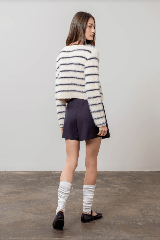 Moon River Hairy Round Neck Long Sleeve Striped Cardigan - Capri by Sunset & Co.