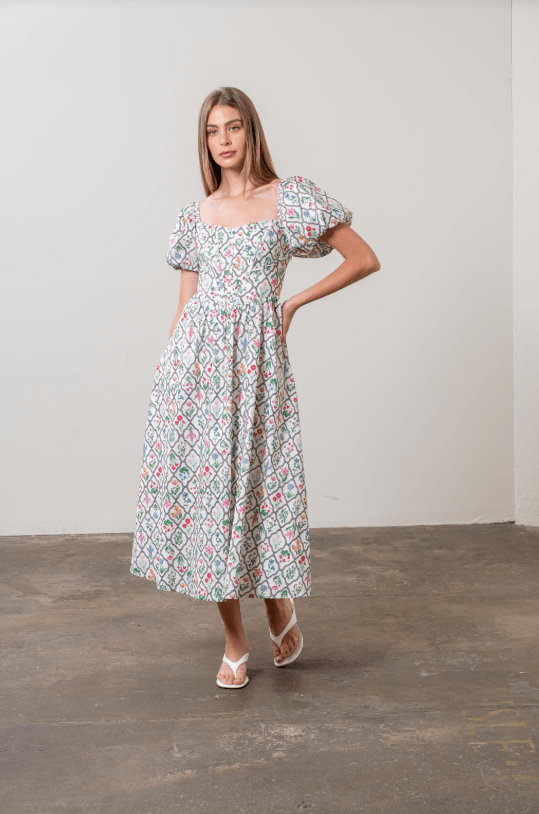 Moon River Puff Sleeve Midi Dress - Capri by Sunset & Co.