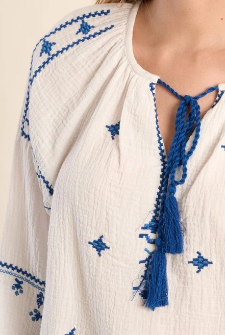 Molly Bracken Embroidered Woven Blouse - Capri by Sunset & Co.
