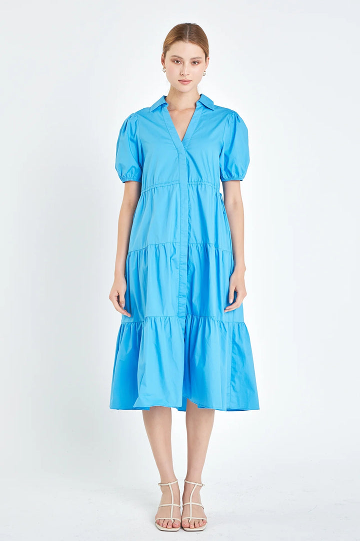 English Factory Puff Sleeve Tiered Midi Dress
