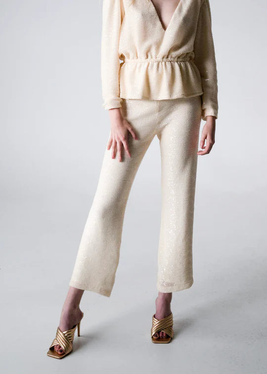 Sequin Elastic Waist Pants - Ivory