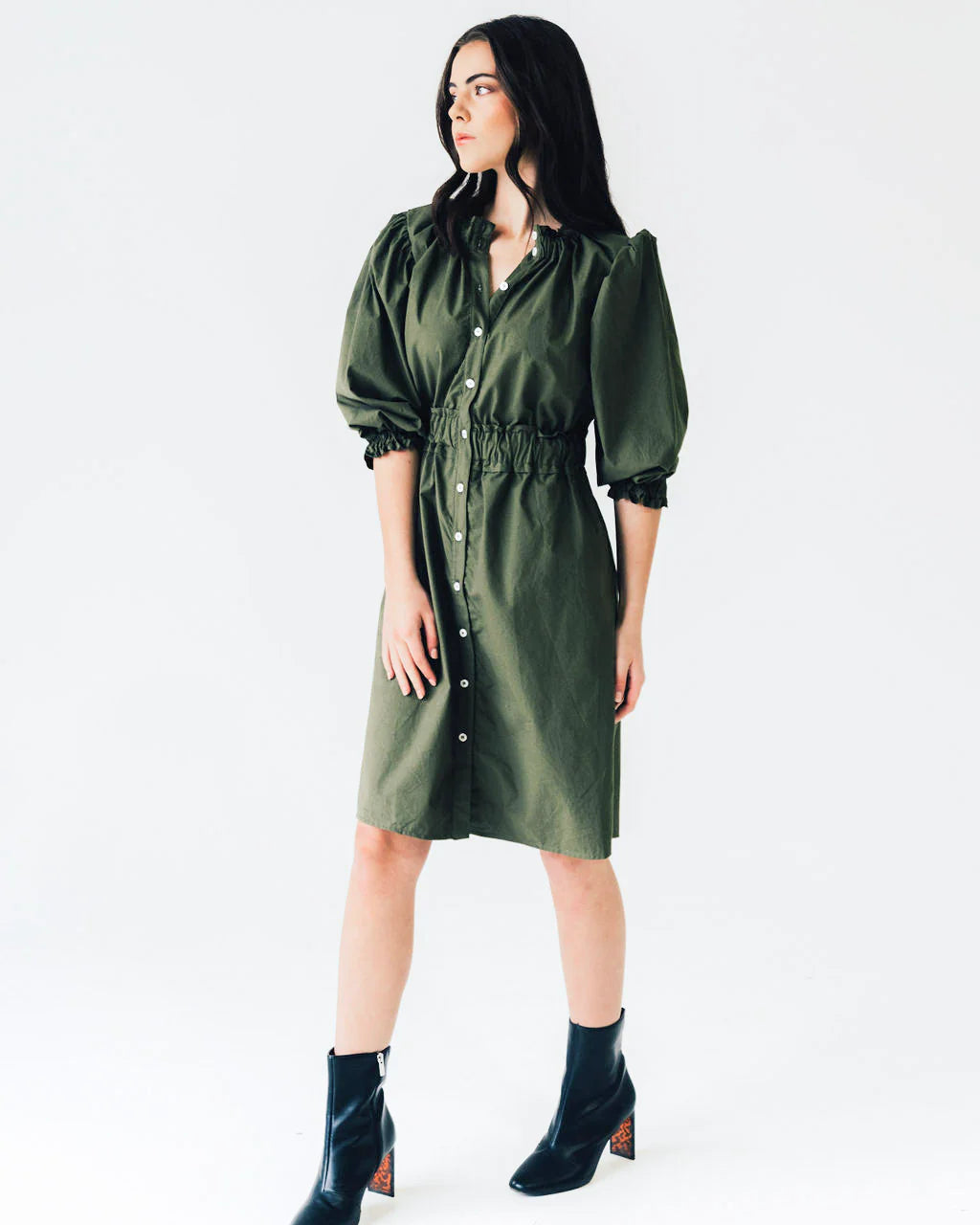Elastic Collar Dress - Olive Poplin