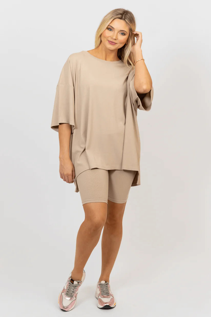 Solid Ribbed Crew Knit Set - Tan