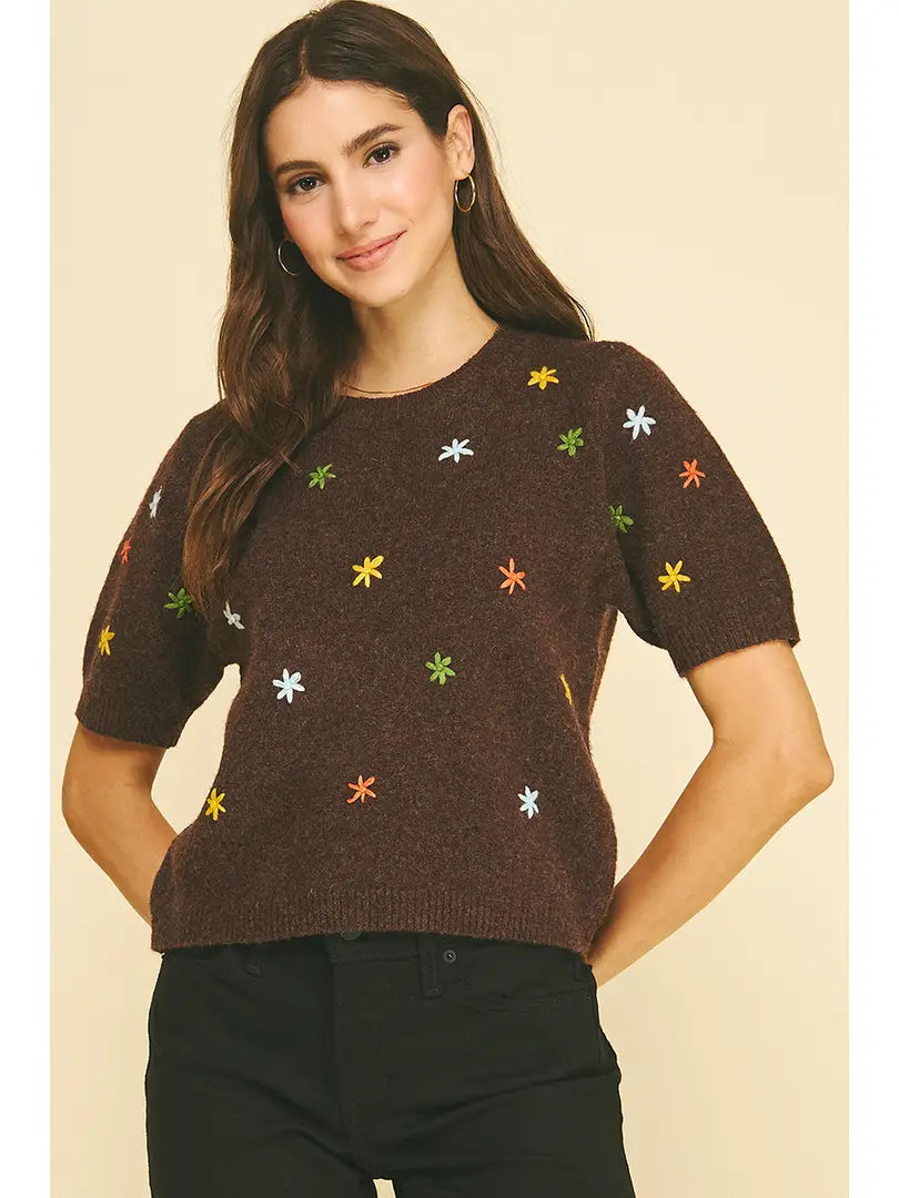 Pinch Floral Embroidered Short Sleeve Sweater
