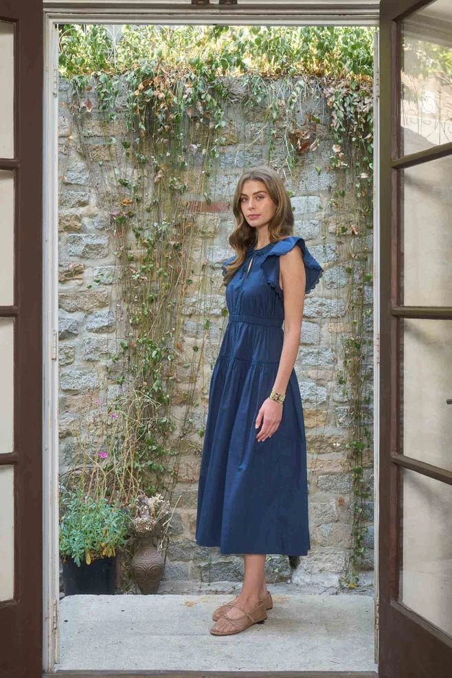 Moon River Short Ruffle Sleeve Lace Trim Midi Dress - Capri by Sunset & Co.