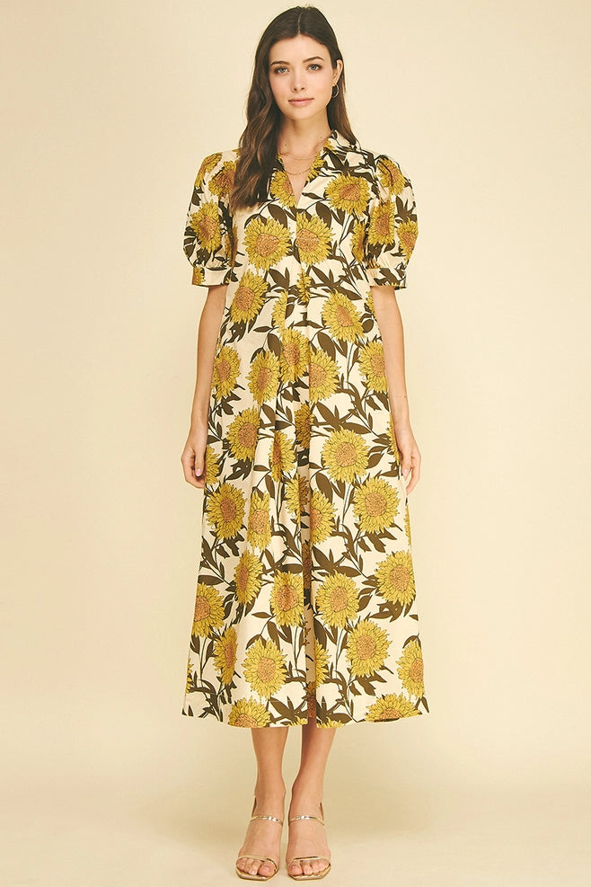 Pinch Golden Sunflower Puff Sleeve Midi Dress