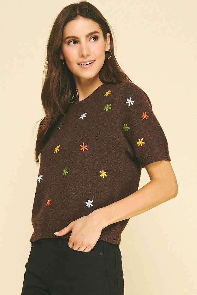 Pinch Floral Embroidered Short Sleeve Sweater