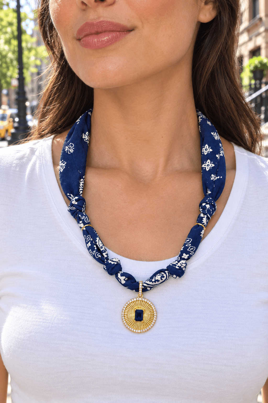 Bandana Necklace with Deep Blue Sunburst Pendant - Capri by Sunset & Co.