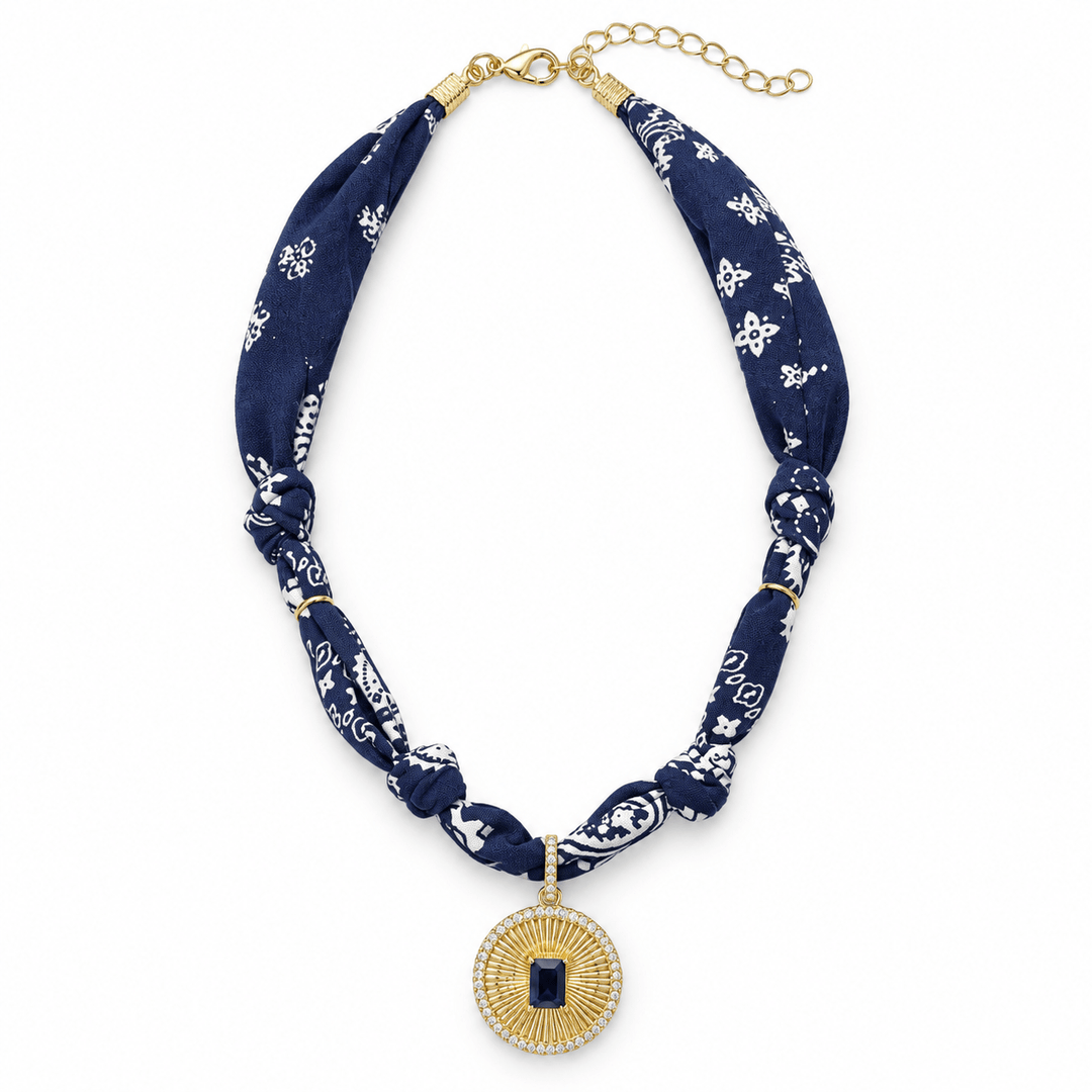 Bandana Necklace with Deep Blue Sunburst Pendant - Capri by Sunset & Co.