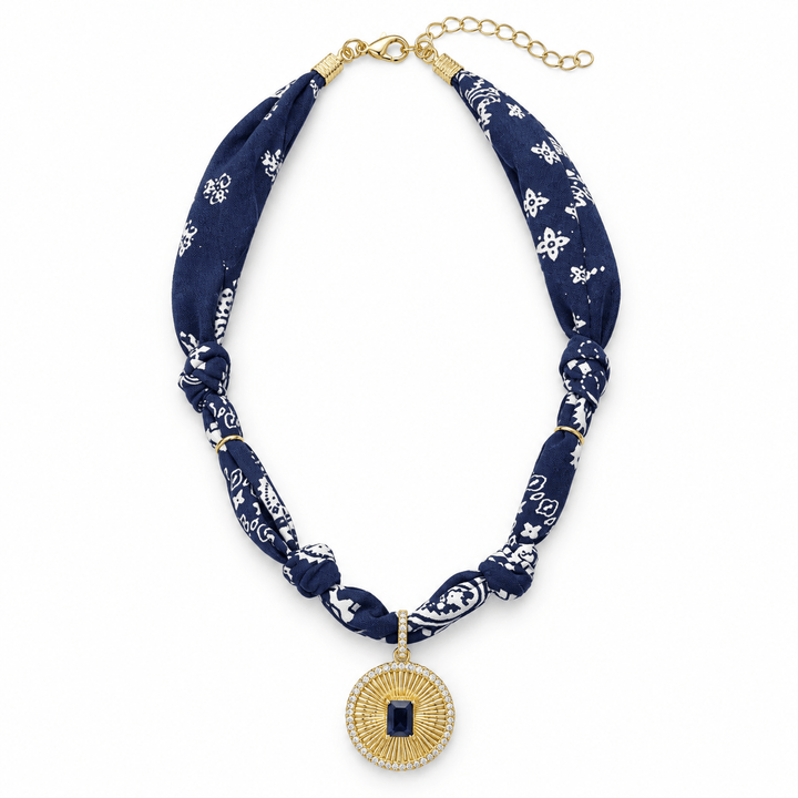 Bandana Necklace with Deep Blue Sunburst Pendant - Capri by Sunset & Co.