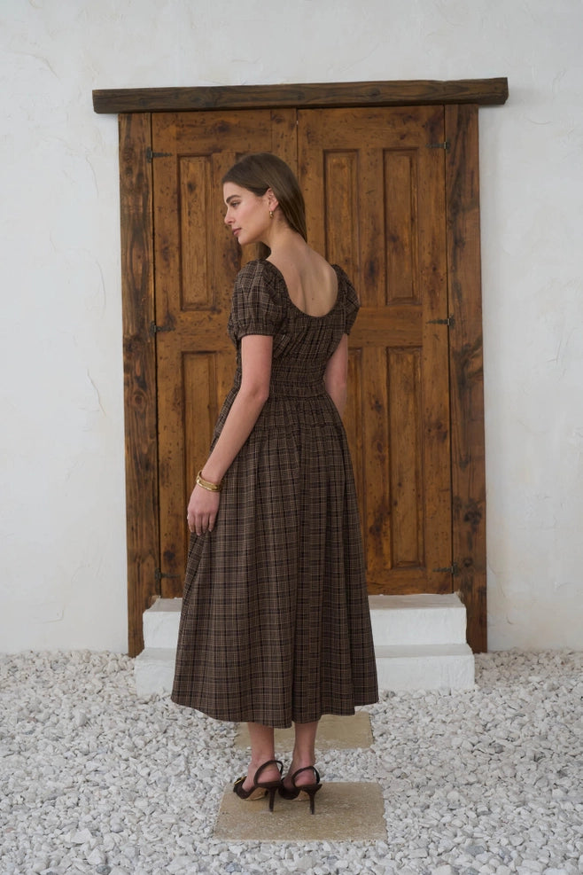 Moon River Shirred Puff Sleeve Midi Dress