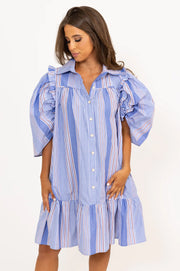 Menswear Stripe Ruffle Dress - Blue