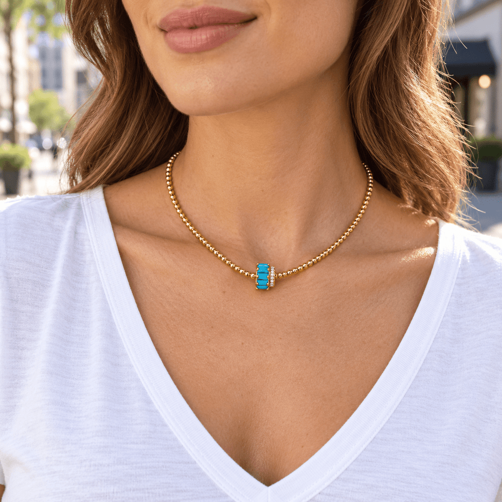 Turquoise Baguette Rondelle Gold Beaded Necklace - Capri by Sunset & Co.