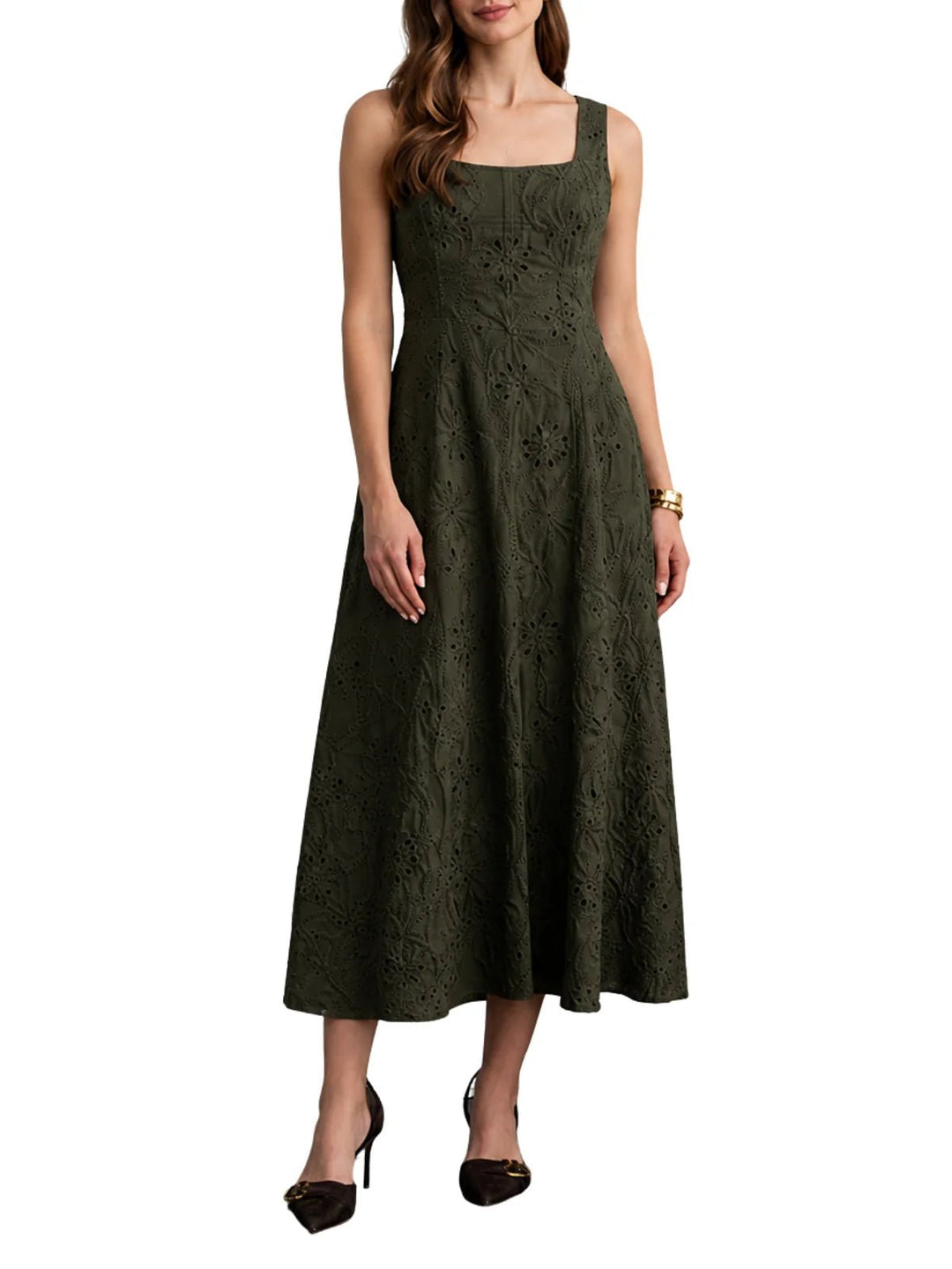 Moon River Eyelet Squareneck Midi Dress - Capri by Sunset & Co.