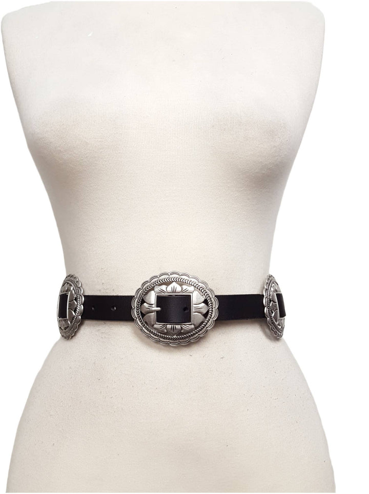 Axesoria West Oval Floral Concho Leather Belt - Capri by Sunset & Co.