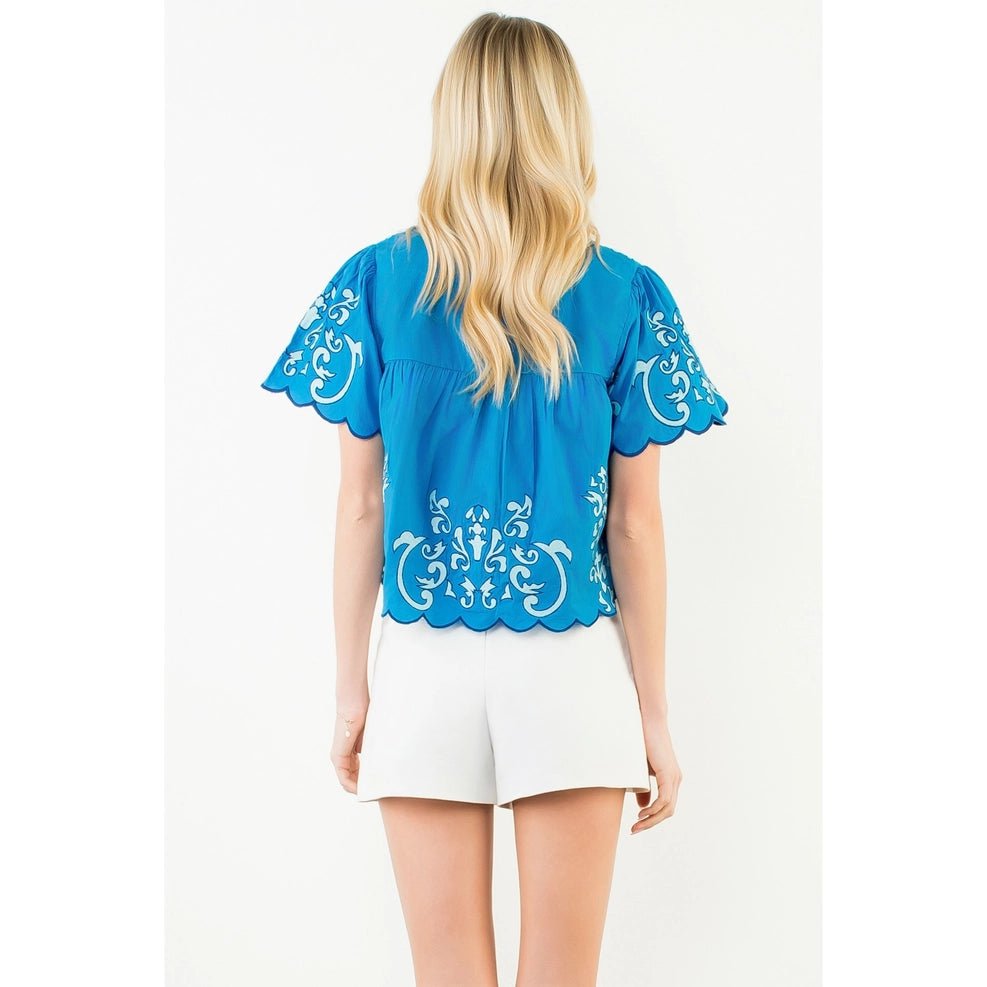 Scalloped Short Sleeve Embroidered Top - Capri by Sunset & Co.