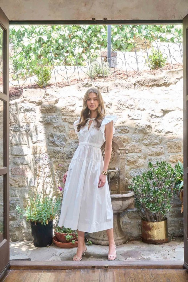 Moon River Short Ruffle Sleeve Lace Trim Midi Dress - Capri by Sunset & Co.