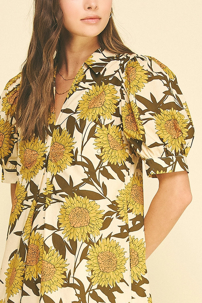 Pinch Golden Sunflower Puff Sleeve Midi Dress