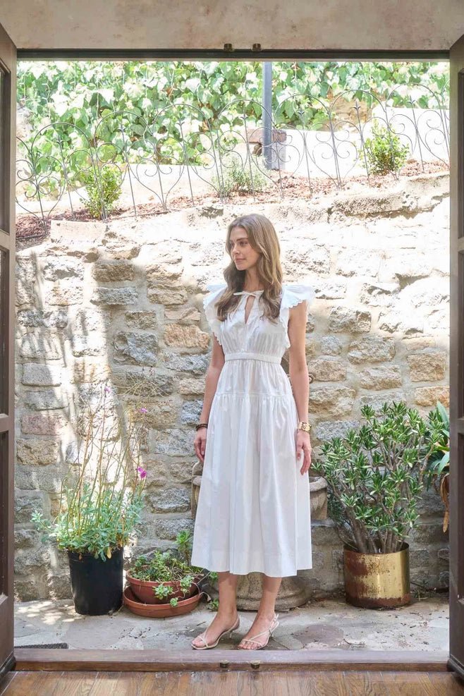 Moon River Short Ruffle Sleeve Lace Trim Midi Dress - Capri by Sunset & Co.