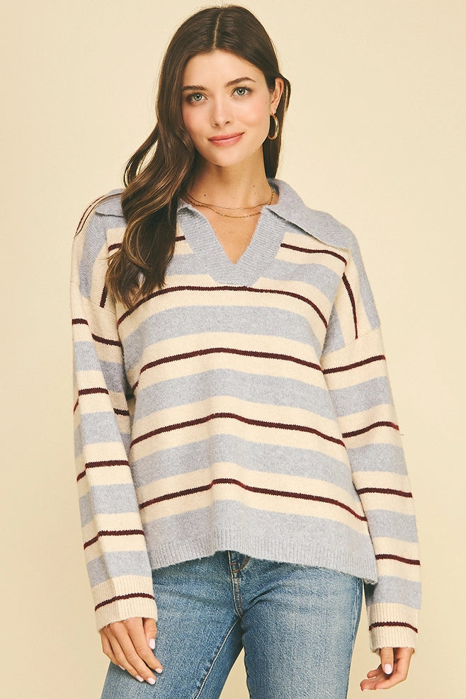 Pinch Striped V-Neck Knit Sweater