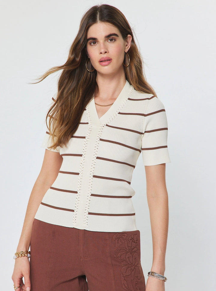 Current Air Braided V-Neck Ribbed Sweater Top