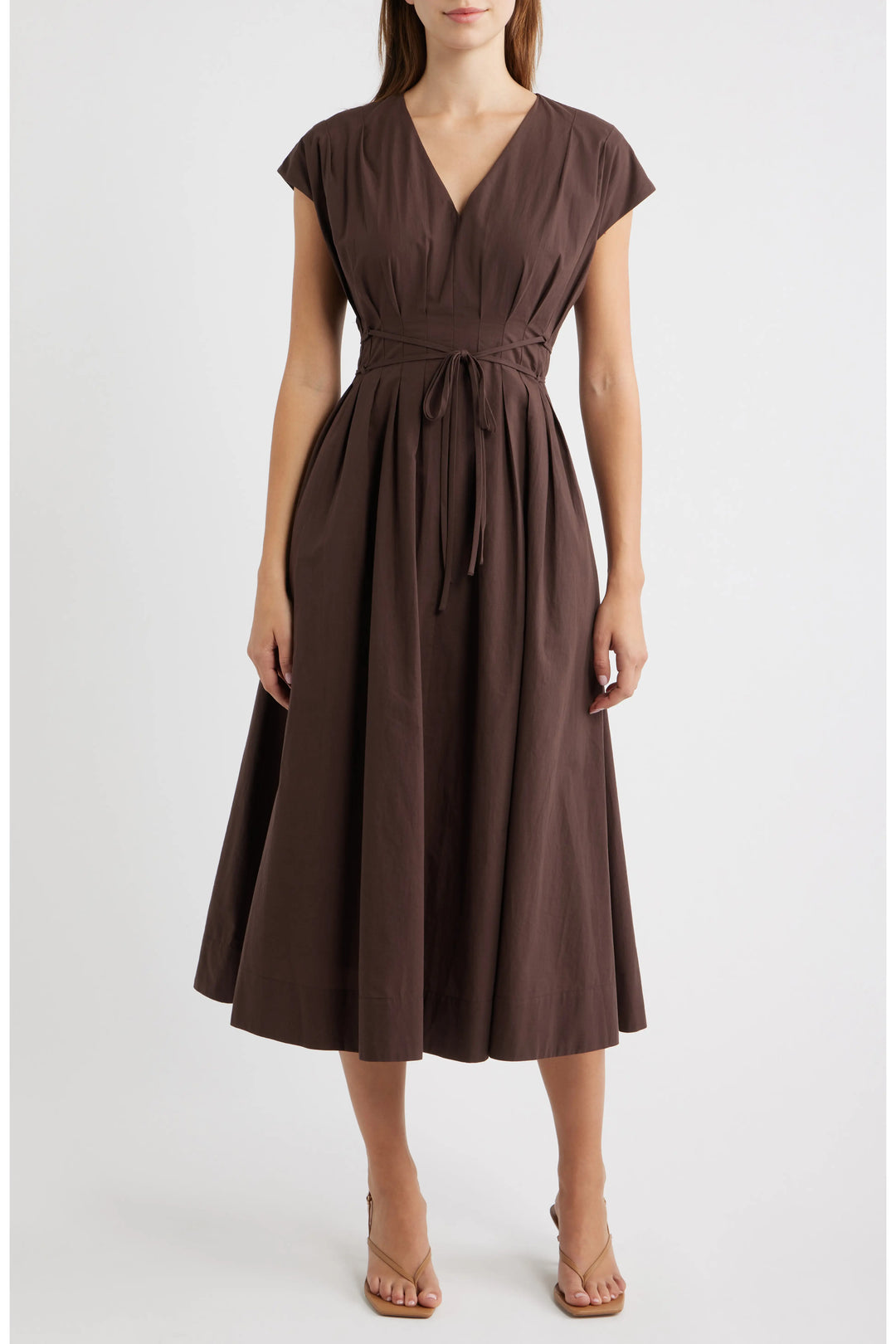 Moon River Pleated V-Neck Midi Dress