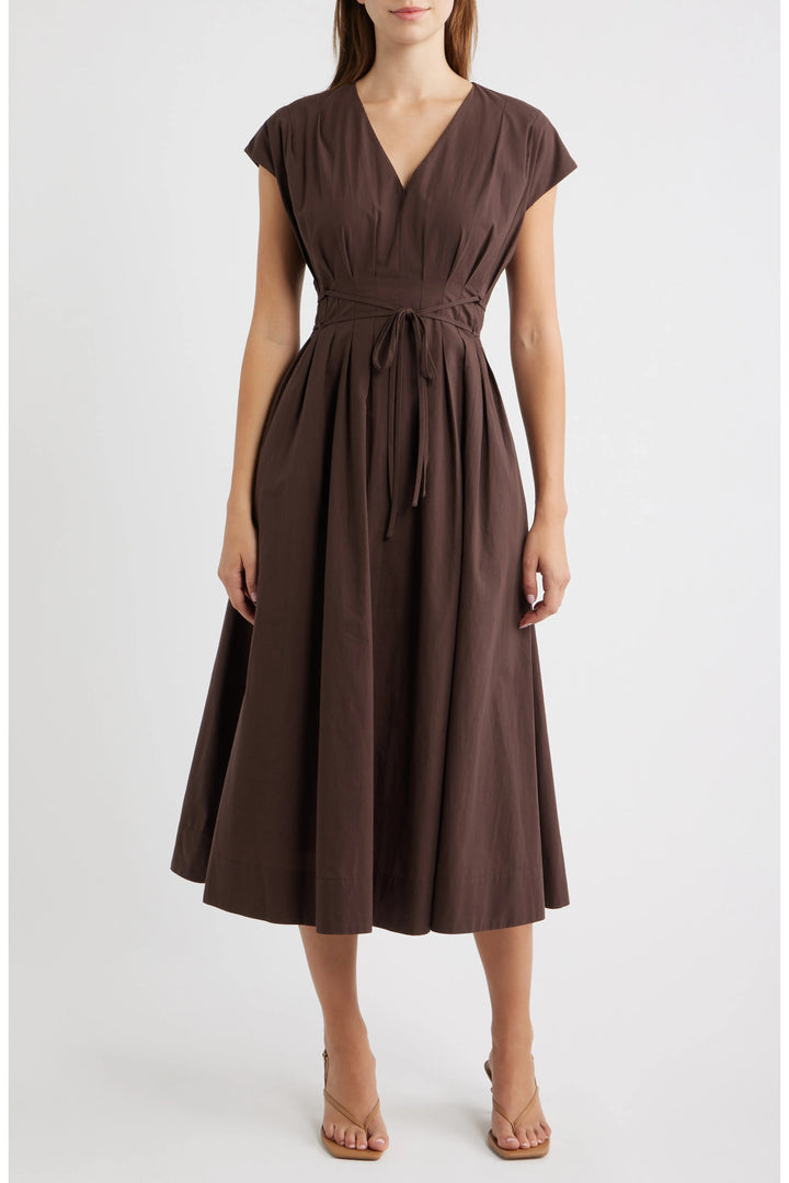Moon River Pleated V-Neck Midi Dress