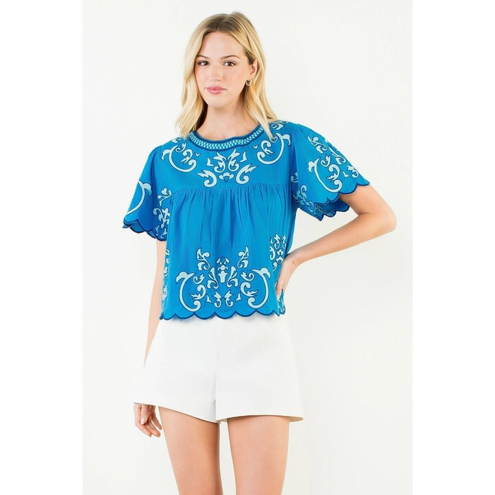 Scalloped Short Sleeve Embroidered Top - Capri by Sunset & Co.