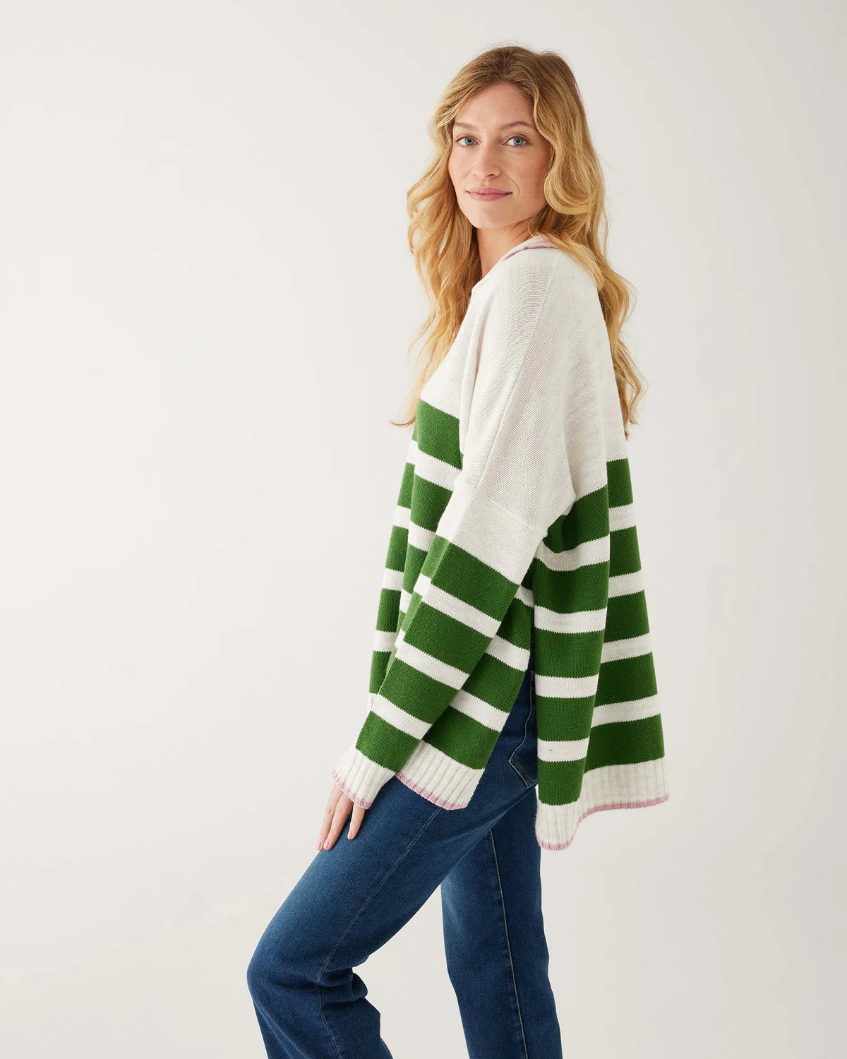 Marina Polo Sweater - Sea Salt with Emerald Green / Impatient Pink Stripes