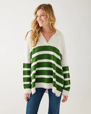 Marina Polo Sweater - Sea Salt with Emerald Green / Impatient Pink Stripes