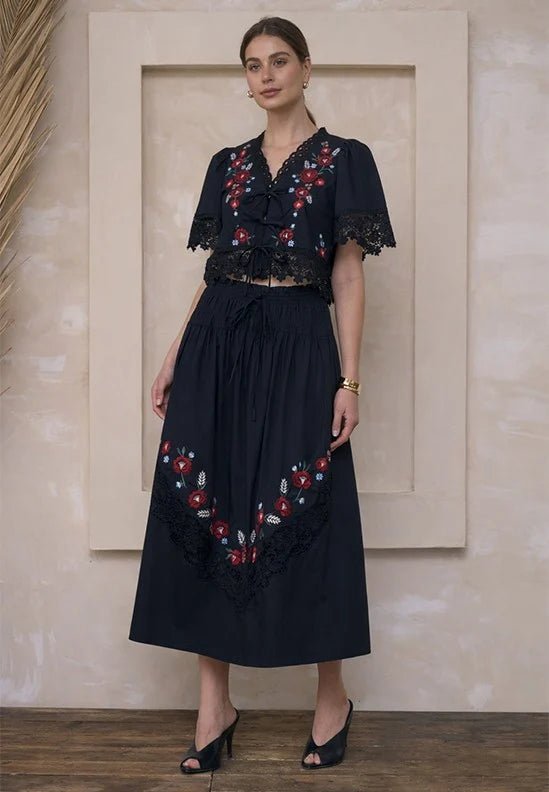 Moon River Embroidered Floral Tie Front Top - Capri by Sunset & Co.