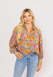 Floral Vintage Ruffle Collar Top - Turquoise